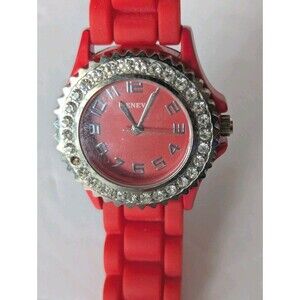 Geneva Ladies Quartz Watch Red Silicone Band Strap Rhinestones Womens No Battery